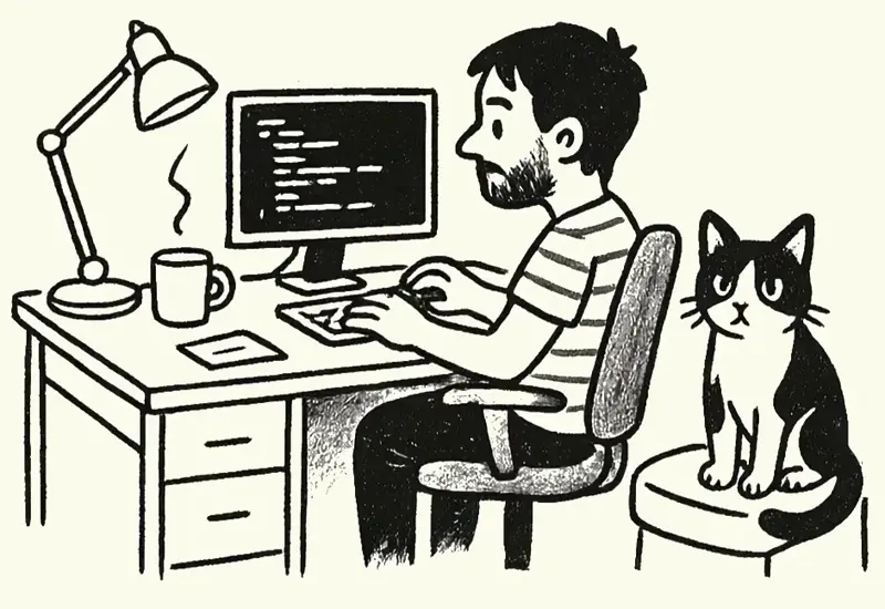 An animated illustration of Jorge programming at his computer, there is also a cat on the right looking in your direction.